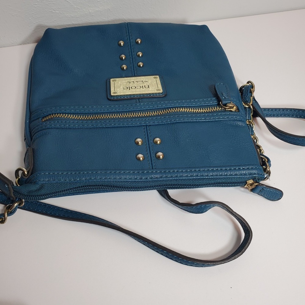 Nicole by Nicole Miller Blue Crossbody‎ Bag Purse Gold Chain Strap Stud Detail - Picture 5 of 11